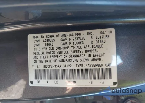 2010 Honda Accord 2.4 Lx from USA, damaged, VIN 1HGCP2F35AA131122